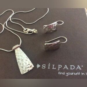Silpada Sterling Silver Hammered Tab Necklace Rectangle Earrings Set